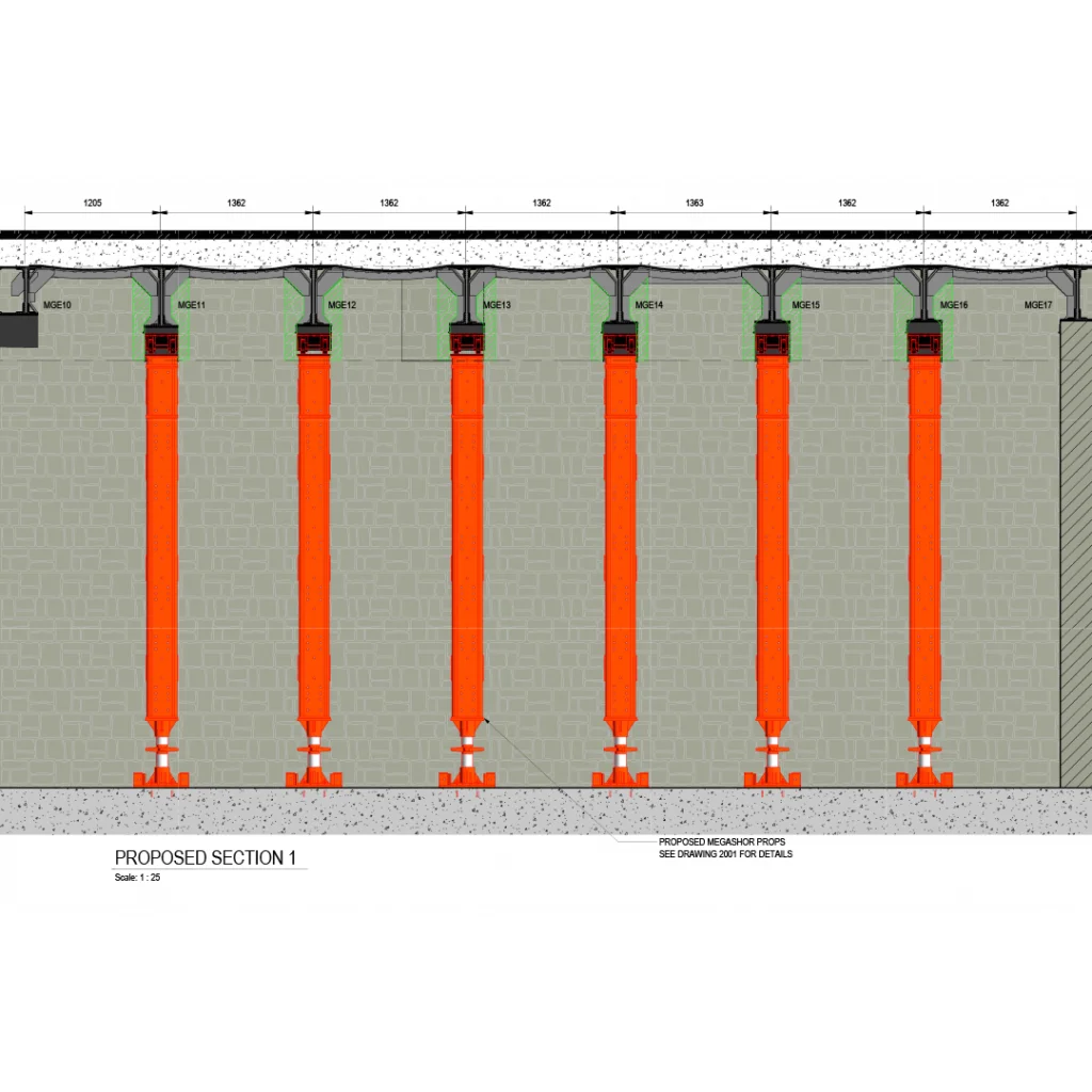 Section drawing showing six large vertical orange columns (piles) supporting a concrete structure above, labelled with MOD references.