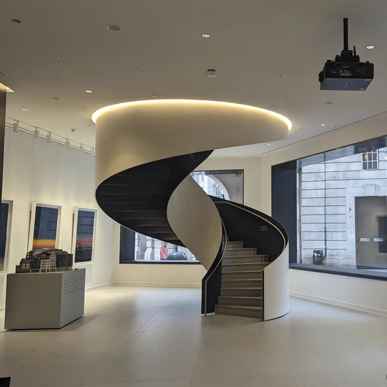 A modern interior space designed by structural engineers, featuring a black spiral staircase with white outer walls, large windows, and a ceiling-mounted projector.