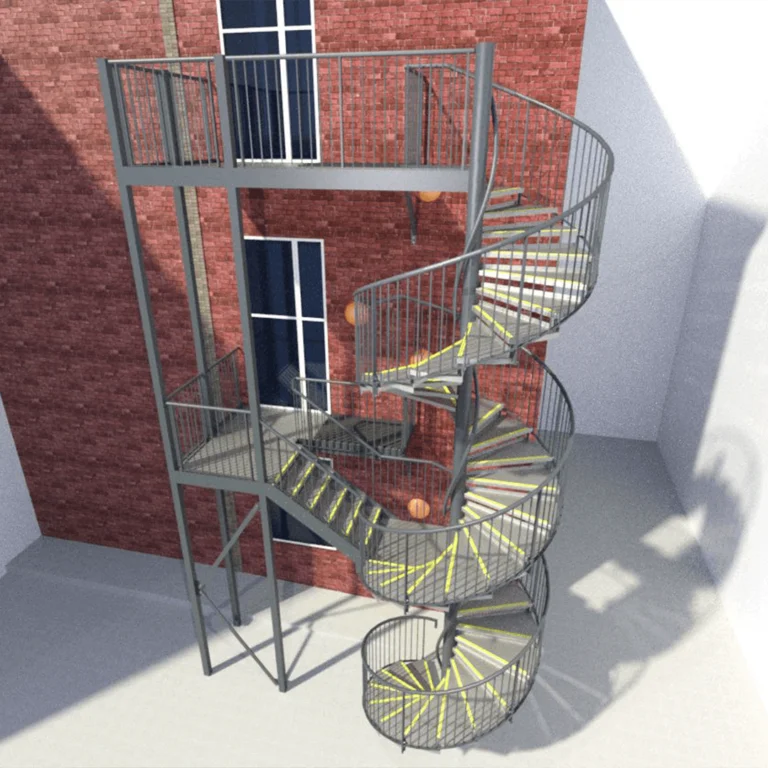 A metal spiral staircase with structural safety railings is attached to a red brick building, providing access between floors. Designed with engineering precision, shadows are cast on the ground below.