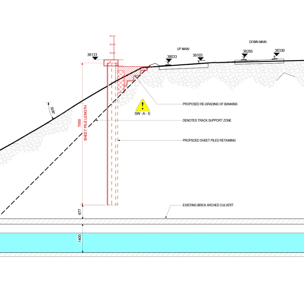 Engineering drawing showing a cross-section of a slope with proposed structural sheet piled retaining wall, regrading of banking, and existing.