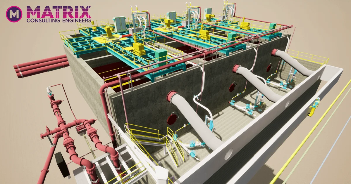 3D rendering of an industrial facility with large pipes, tanks, and structural machinery. MATRIX Consulting Engineers logo is visible in the top left corner, highlighting the expertise of our engineering team.