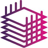 Abstract geometric design featuring four stacked, outlined squares with parallel vertical and horizontal lines extending from the edges, in a purple to pink gradient.