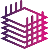 Abstract geometric design featuring four stacked, outlined squares with parallel vertical and horizontal lines extending from the edges, in a purple to pink gradient.