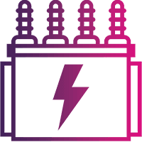 Icon of an electrical transformer with four terminals on top and a lightning bolt symbol in the centre.