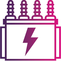 Icon of an electrical transformer with four terminals on top and a lightning bolt symbol in the centre.
