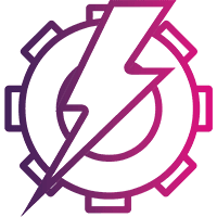 A stylised lightning bolt overlaps a gear-shaped outline, both rendered in a gradient of purple to pink, on a light background.