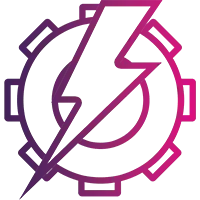 A stylised lightning bolt overlaps a gear-shaped outline, both rendered in a gradient of purple to pink, on a light background.