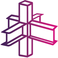 Simple geometric, abstract illustration of intersecting rectangular beams rendered in gradient shades of purple and pink on a light background.