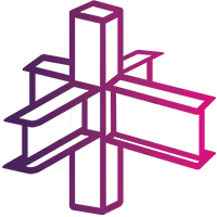 Simple geometric, abstract illustration of intersecting rectangular beams rendered in gradient shades of purple and pink on a light background.