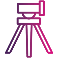 Outline icon of a surveyor's tripod and level with gradient purple and pink colouring on a light background.