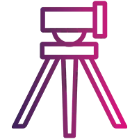 Outline icon of a surveyor's tripod and level with gradient purple and pink colouring on a light background.