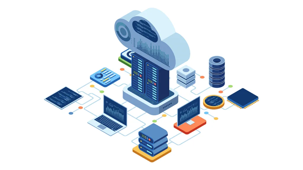 Isometric illustration of cloud computing infrastructure with servers, laptops, database stacks, and connected components representing digital data exchange and storage in a structural engineering context.
