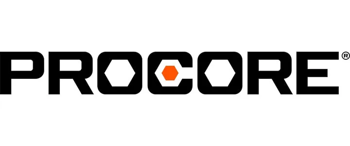 Procore logo in black text with a hexagonal orange shape inside the letter O, representing engineering innovation, on a white background.