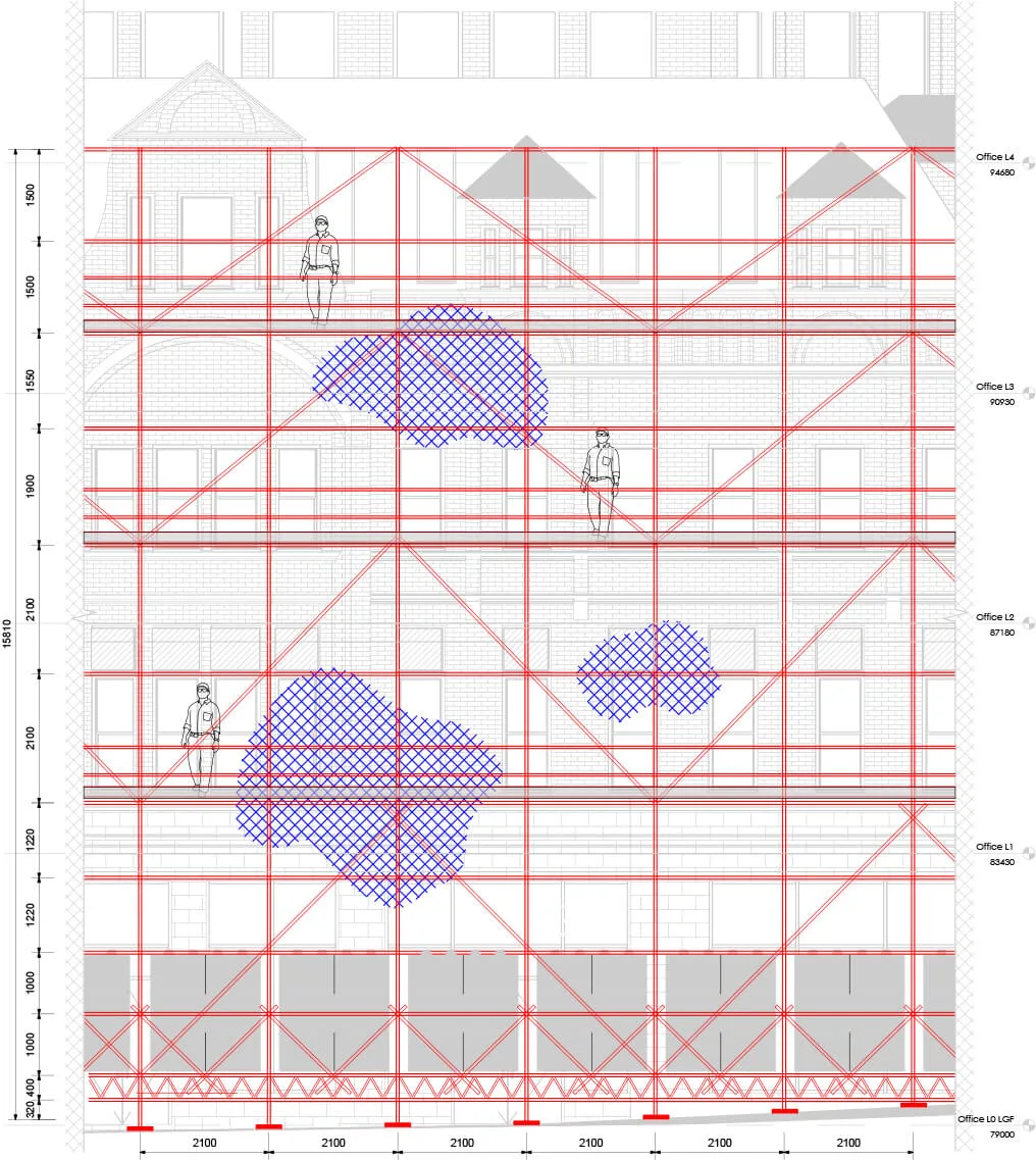 Architectural section drawing shows three office storeys with red structural framework, blue hatched areas, and three human figures—possibly engineers—standing on different levels, highlighting the role of structural engineering in the design.