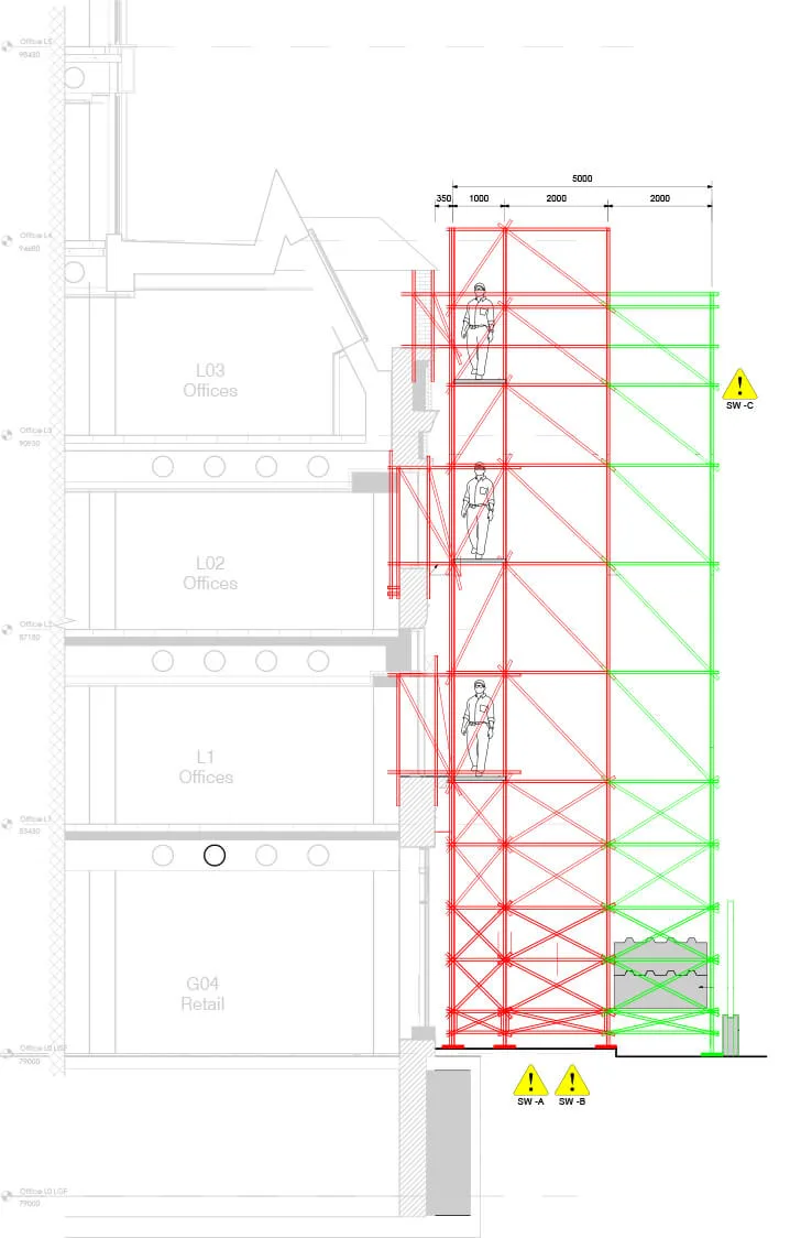 Technical drawing of a building façade showing multiple floors with exterior scaffolding and civil engineers at work; warning signs are present at the base of the scaffold.
