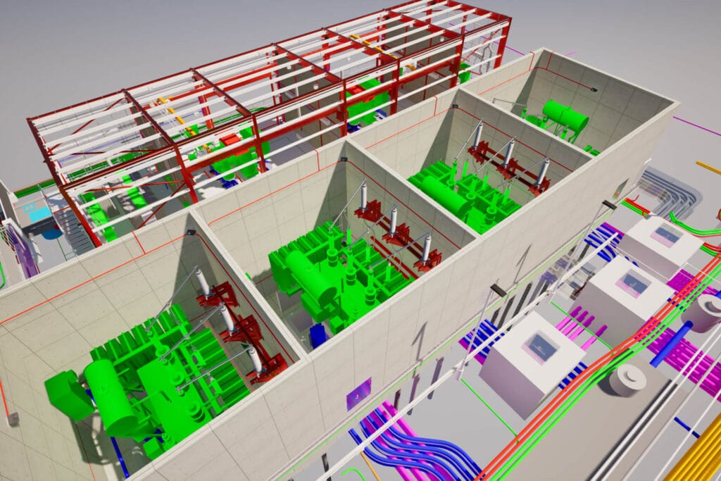 3D rendering of a building with exposed structural elements showcases three rooms housing green industrial machinery, with visible pipework and wiring—a visual highlight for structural and civil engineering projects.