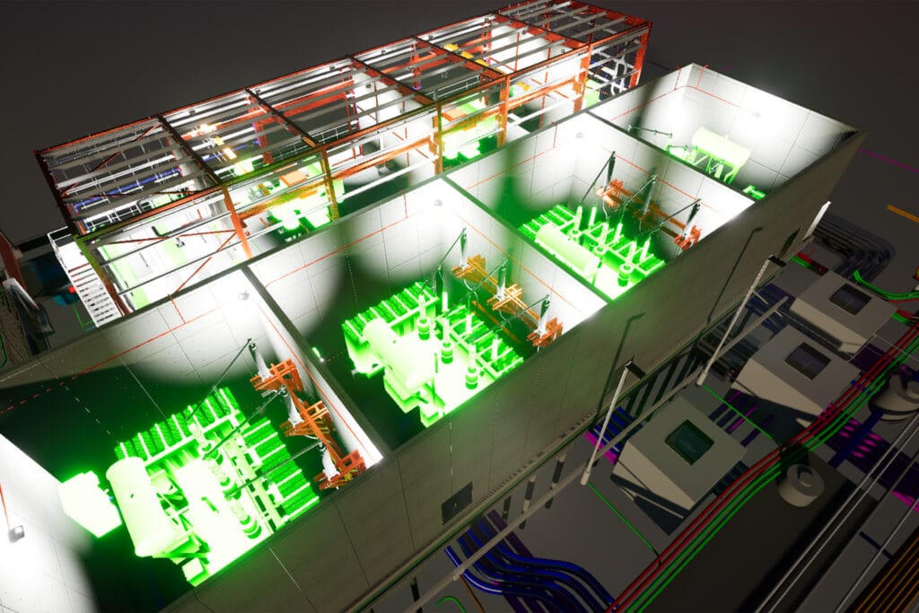 Digital 3D model of an industrial facility designed for civil engineers, showing rooms with highlighted green machinery and overhead structural frameworks.