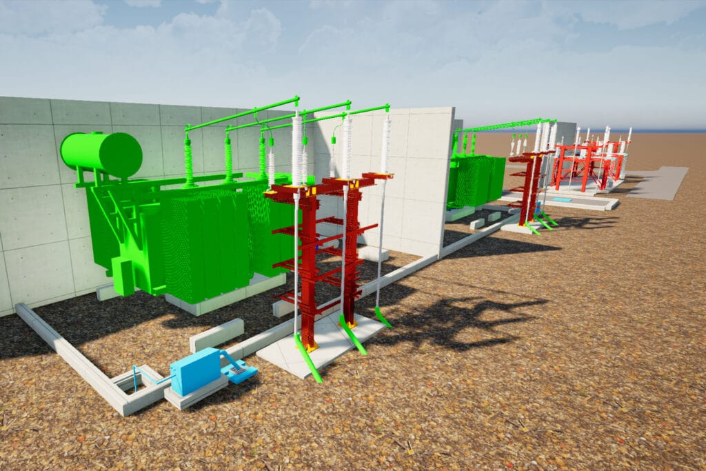 3D rendering of electrical transformers and switchgear equipment installed outdoors by civil engineers, separated by concrete barriers, on a gravel surface under a partly cloudy sky.