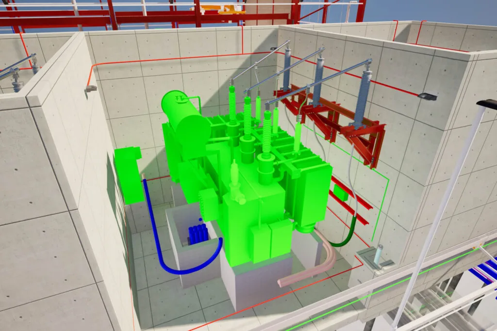 3D model of an electrical substation highlighting civil engineering elements like concrete walls, a green transformer, overhead busbars, red structural supports, and visible wiring and pipework, ideal for surveying and design reference.