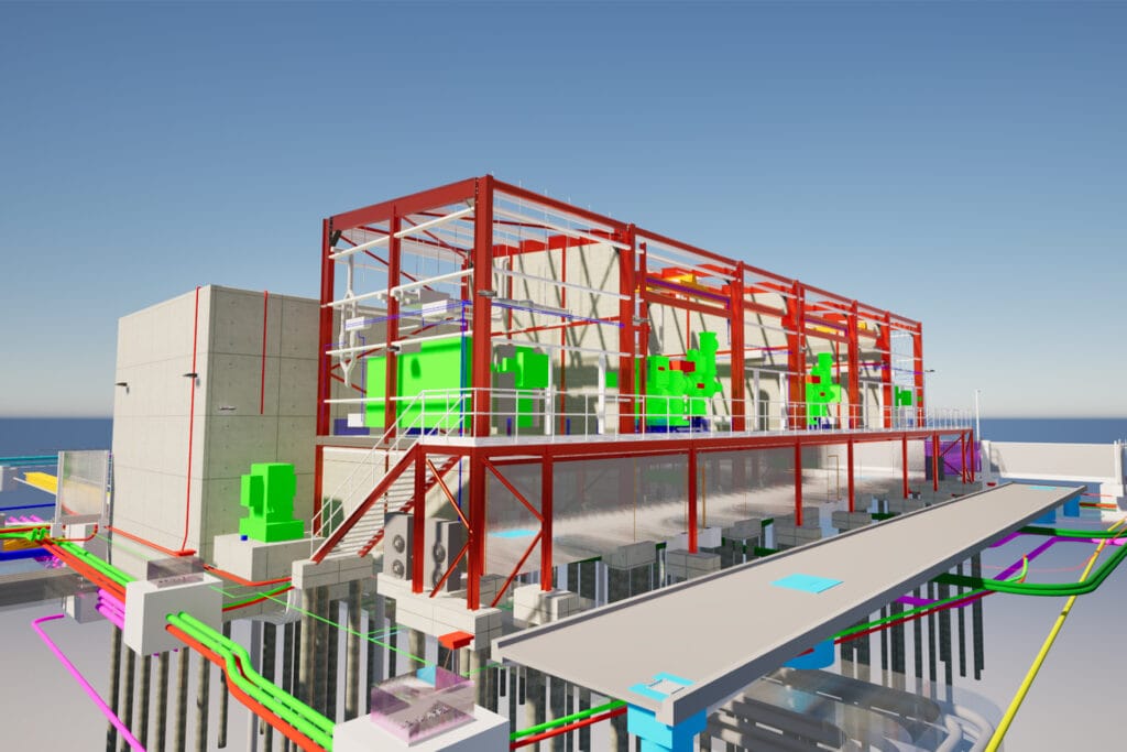A digital 3D rendering of an industrial building under construction, featuring a structural steel frame, concrete walls, and colour-coded mechanical components—essential tools for engineers and surveying teams.