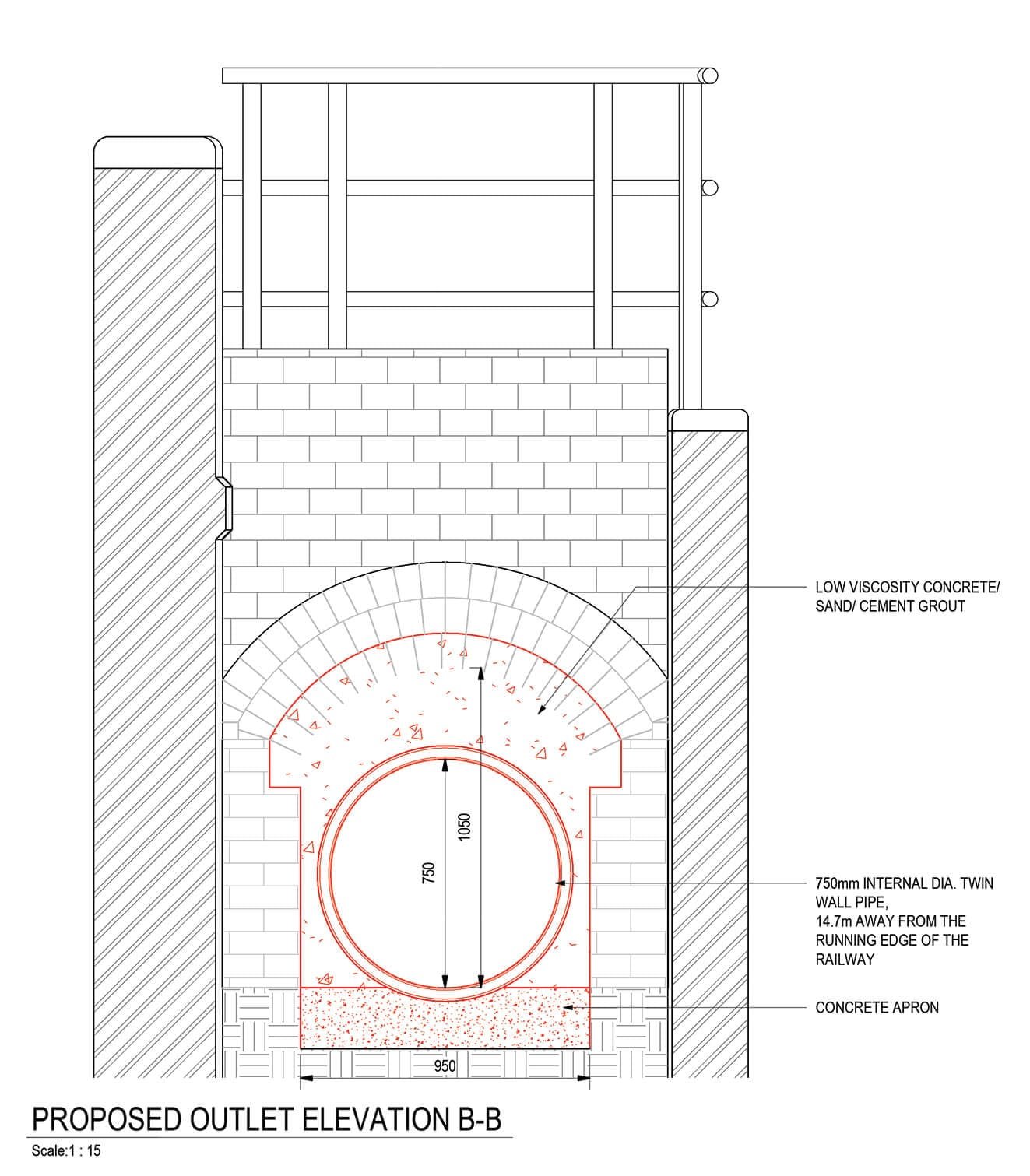 Technical drawing of a proposed outlet level featuring a 750mm internal diameter pipe, concrete wall, grout details, and labelled measurements.