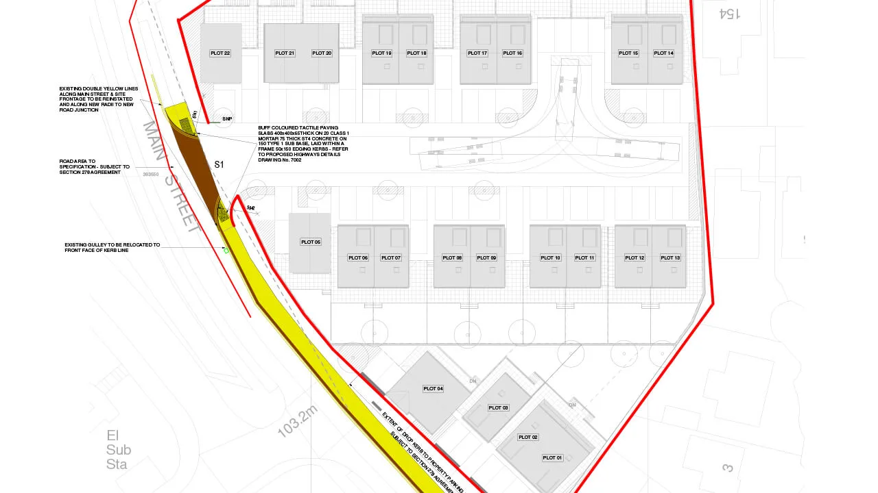 Site plan showing a housing development layout with plots, roads, pathways, boundary lines, and annotations for construction and landscaping.