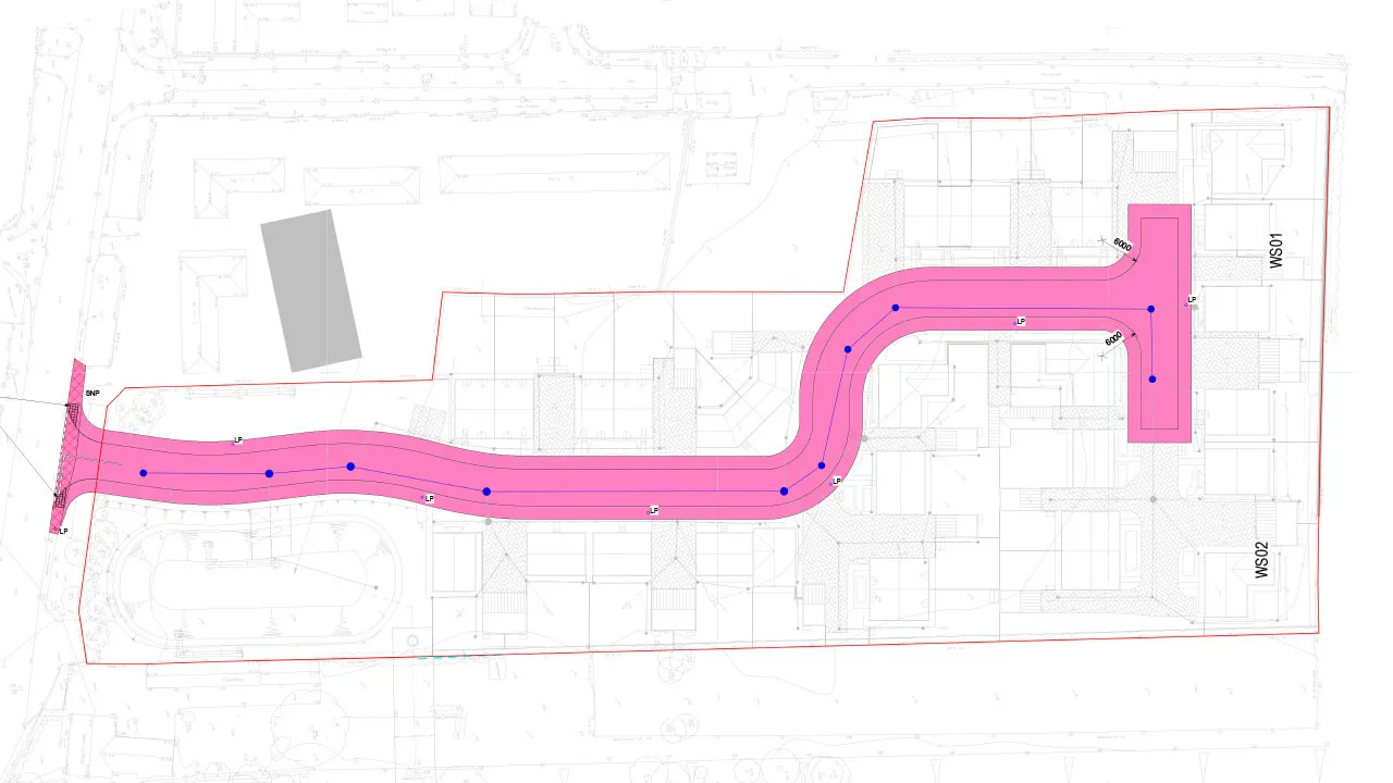 Site plan showing a curved pink path with blue markers running through a building layout, enclosed by a red boundary line, labelled as L001 and.