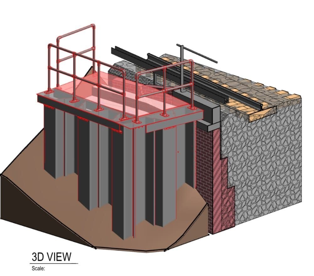 Three-dimensional view of a proposed sheet piled retaining wall with driven piles, concrete slab and key clamp handrail alongside a railway.
