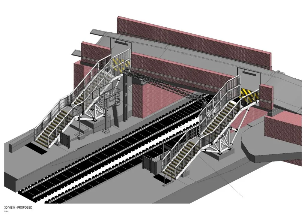 Three-dimensional general arrangement view of a proposed station footbridge with steel staircases on both sides of the running lines, shown against brick retaining walls.