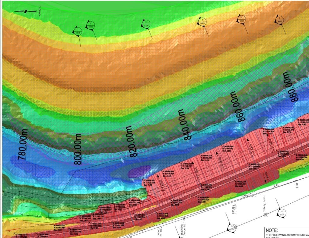 river-ouse-flood-embankment-reconditioning-2 - Matrix Consulting Engineers Topographic map section with contour lines and colour gradients indicating elevation from 780m to 880m; various labels, symbols, and a marked note visible in the lower right corner.