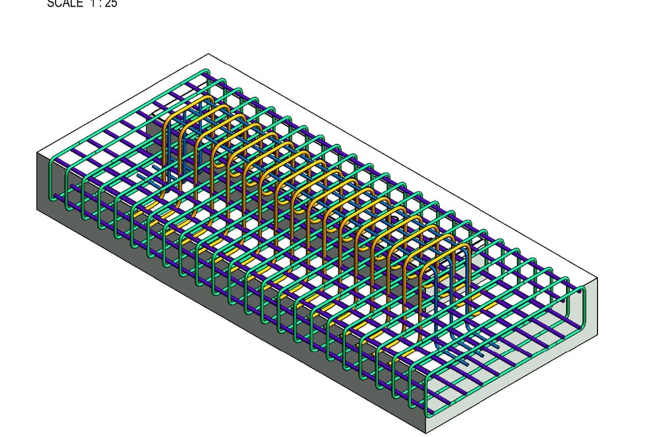 Three dimensional reinforcement model of a footbridge foundation, with reinforcing bars shown in blue and yellow.