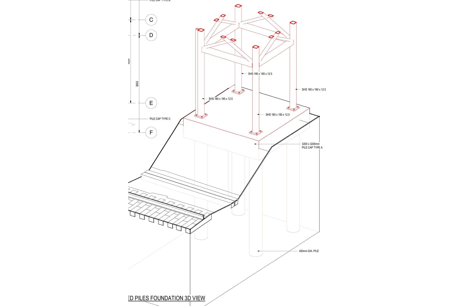 Three dimensional model of the piled foundation arrangement at Pilgrims Way, with piles extending below the pile cap.