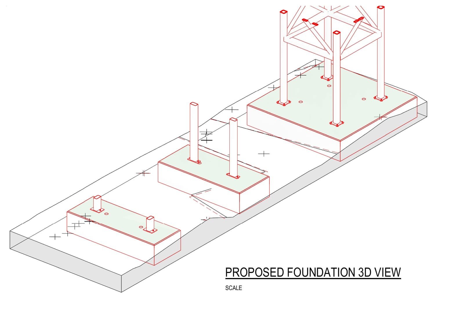 Three dimensional view of the proposed pad and plinth foundations at Birch, set out against the surveyed site.