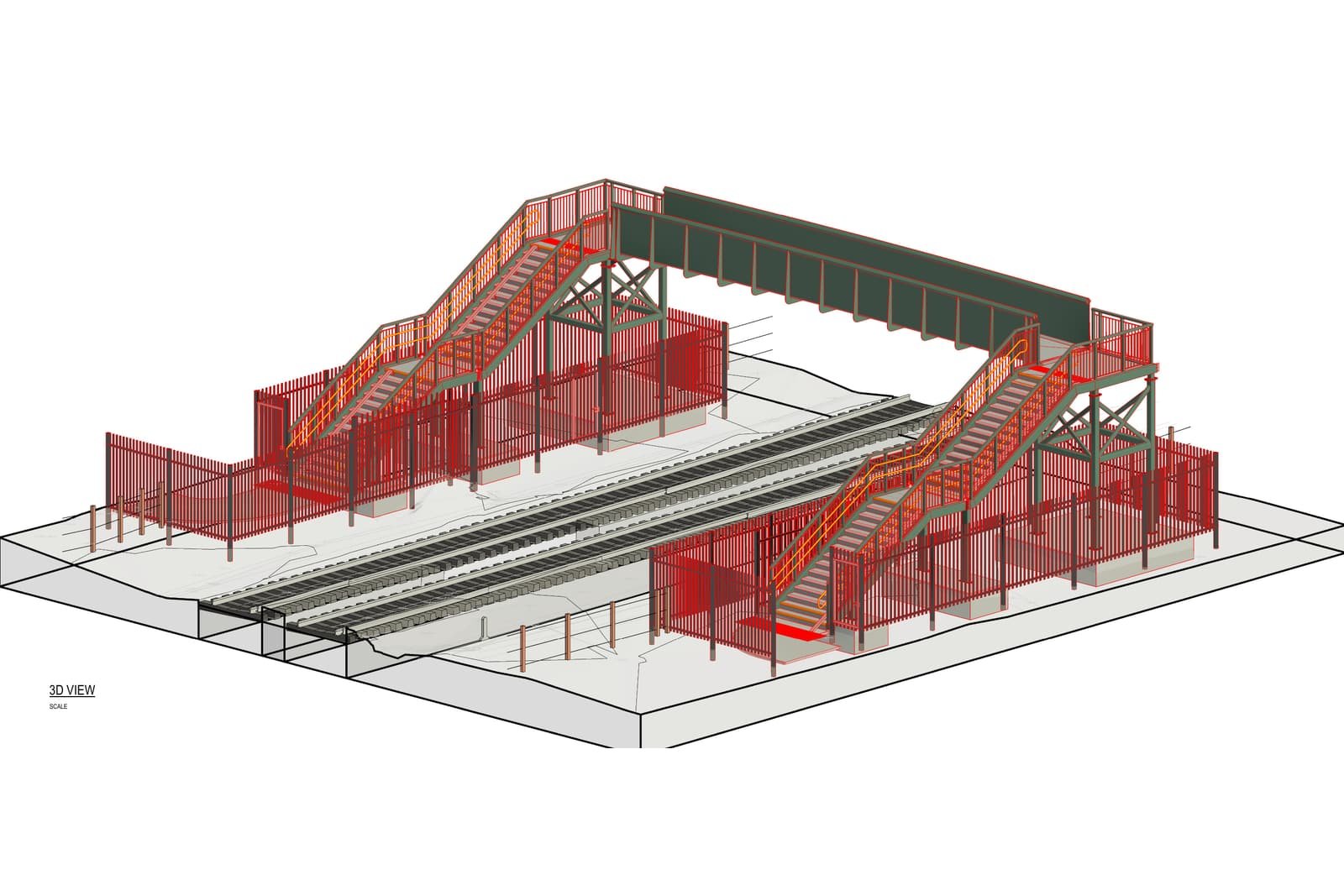 Three dimensional structural model of the proposed footbridge at Birch, showing the span, stair flights and supporting trestles.