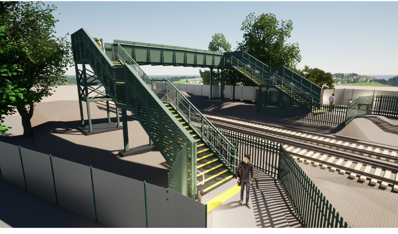 Daytime visualisation of a proposed green steel footbridge over a railway, with mature trees alongside.