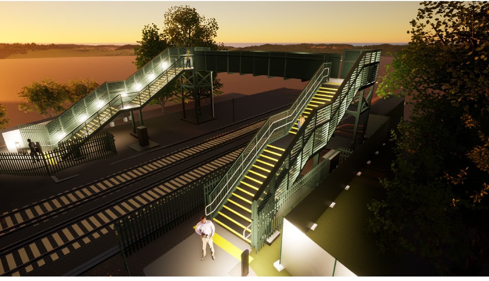 Dusk visualisation of a proposed railway footbridge, lit along the stair flights and deck.