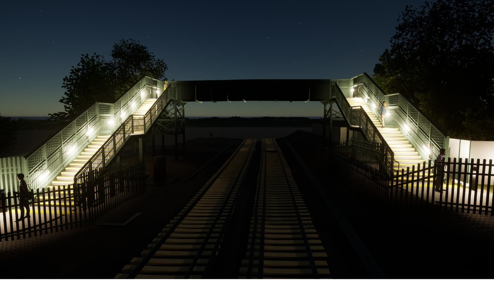 Night time visualisation of a railway footbridge, with integrated lighting illuminating the steps and walkway.
