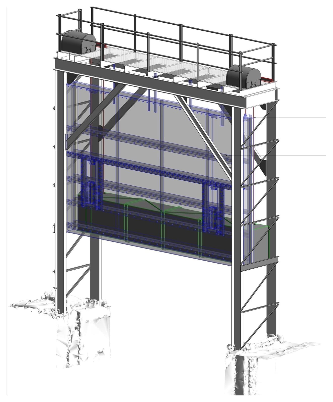 3D model of a guillotine flood gate and lifting frame built from point cloud data