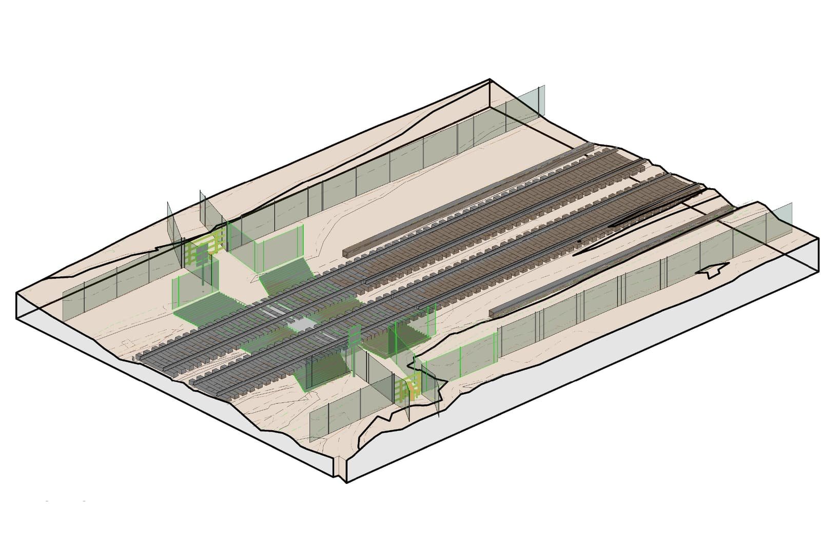 Three dimensional survey model of an existing level crossing, showing track positions, ground levels and the site boundaries.