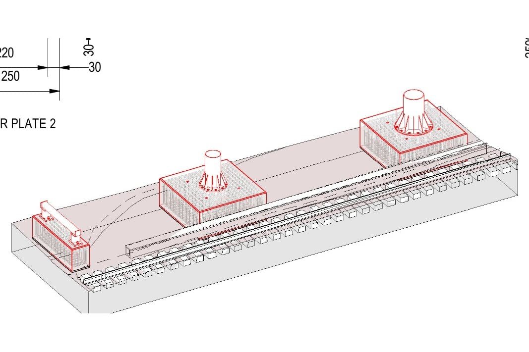 Foundation layout model for the New Place replacement footbridge, positioned clear of the running lines.