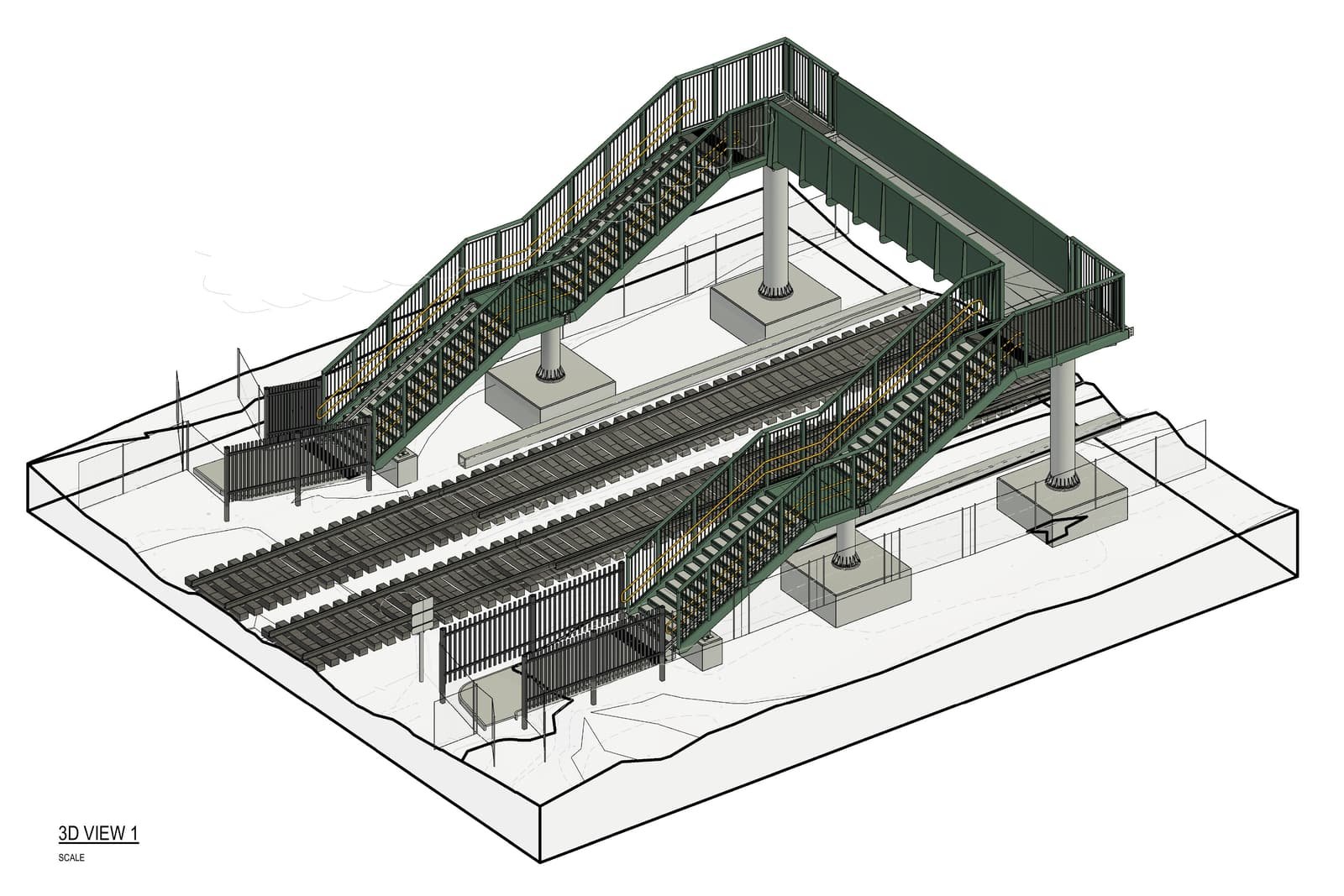 Three dimensional general arrangement of the proposed replacement footbridge at New Place, spanning two tracks with a stair flight at each end.