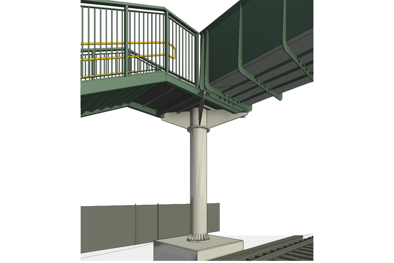 Close view of a standard footbridge support, where the span bears onto the column and its base.