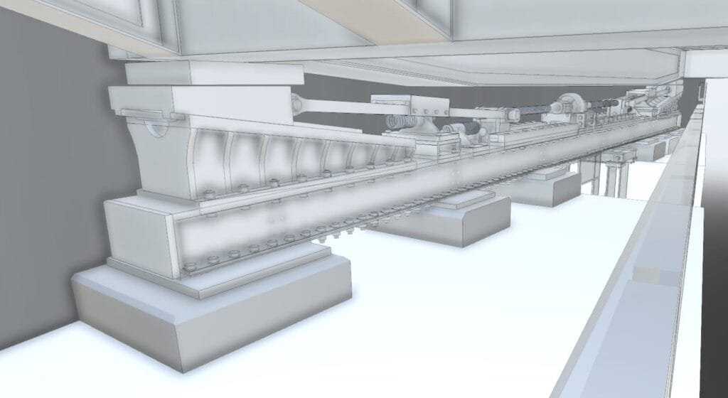 3D-rendered view of a mechanical assembly with beams, support columns, gears, and fasteners set on concrete bases in an industrial or architectural environment.